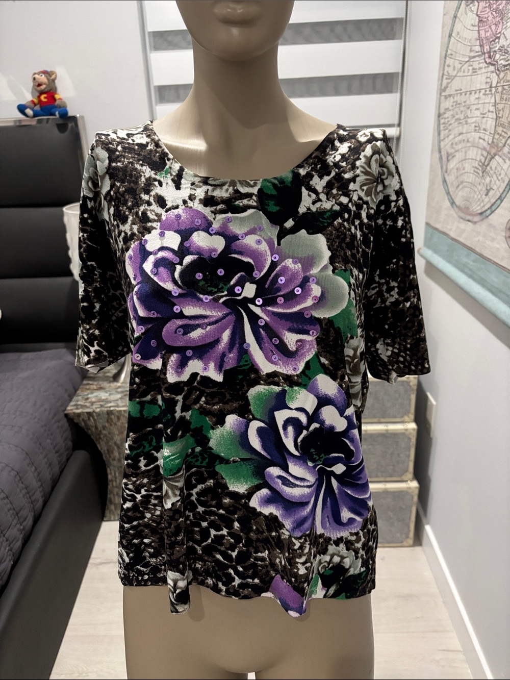 Black Short-Sleeve Floral Tee with Purple Accents